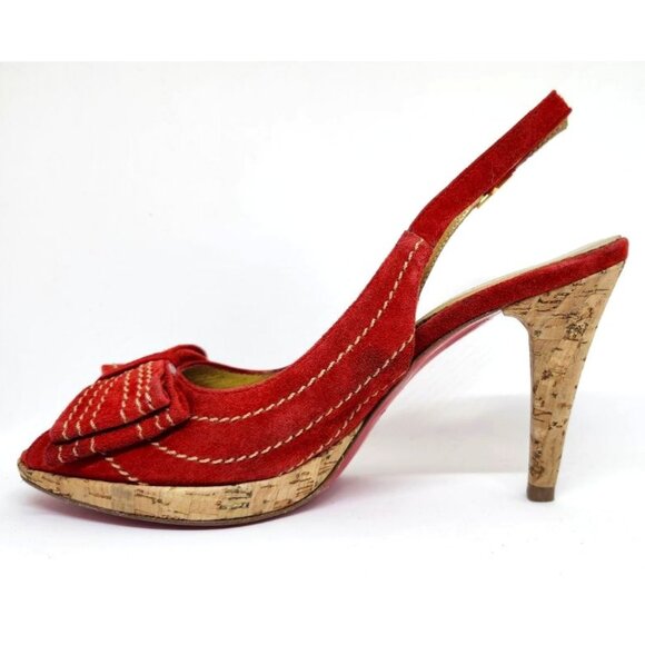 Laura Ferri Women's Red Coral Leather Slingback Sandal W/Corked Heel Size 38 - Picture 1 of 9